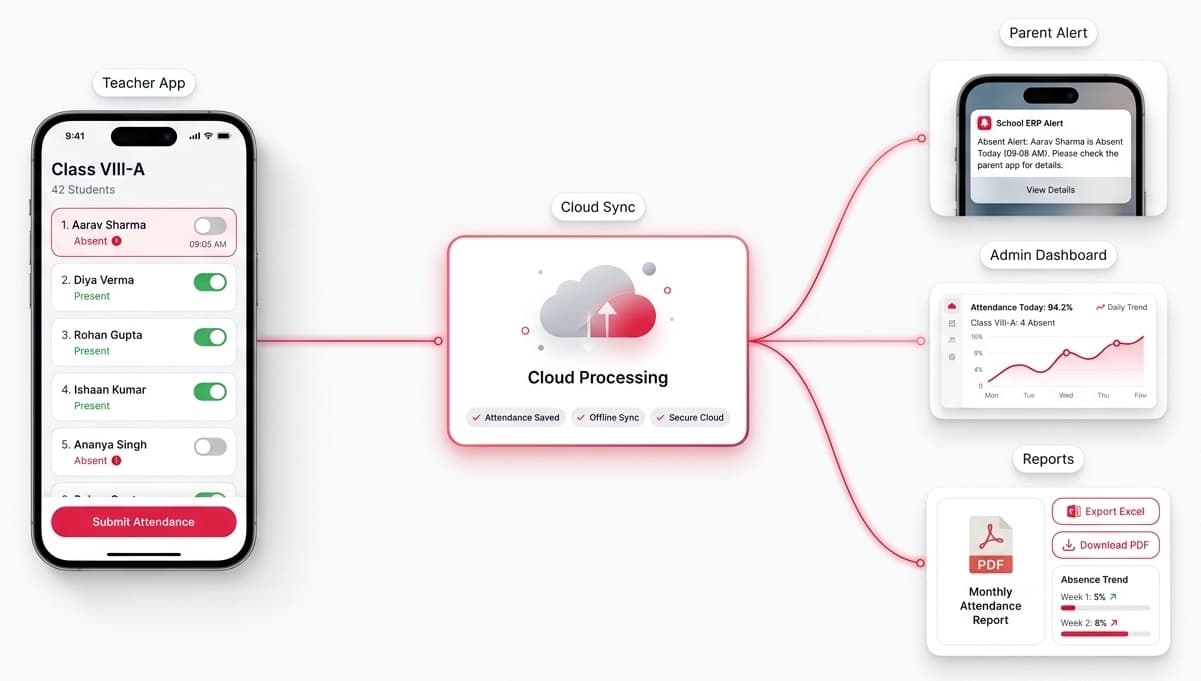 How Campus 24x7 attendance works: a teacher marks Class VIII-A present or absent in the mobile app, the record syncs to the cloud, and it fans out to a parent absence alert, the admin dashboard, and monthly PDF or Excel reports